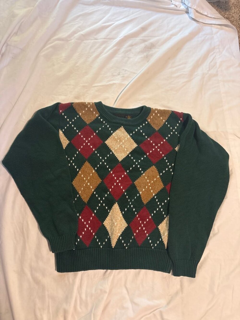 Lizsport Argyle V-Neck Sweater Green Burgundy Tan Size S 90s Style Cozy Knit Fal
